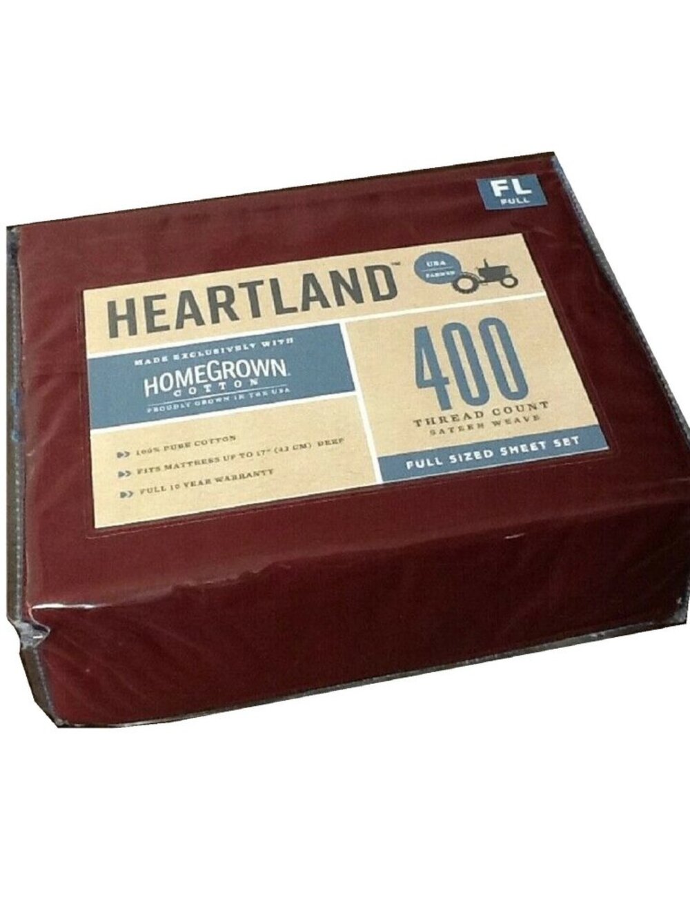 brand new 4-piece BURGUNDY Heartland 400 TC 100% Cotton Sateen FULL Sheet Set
